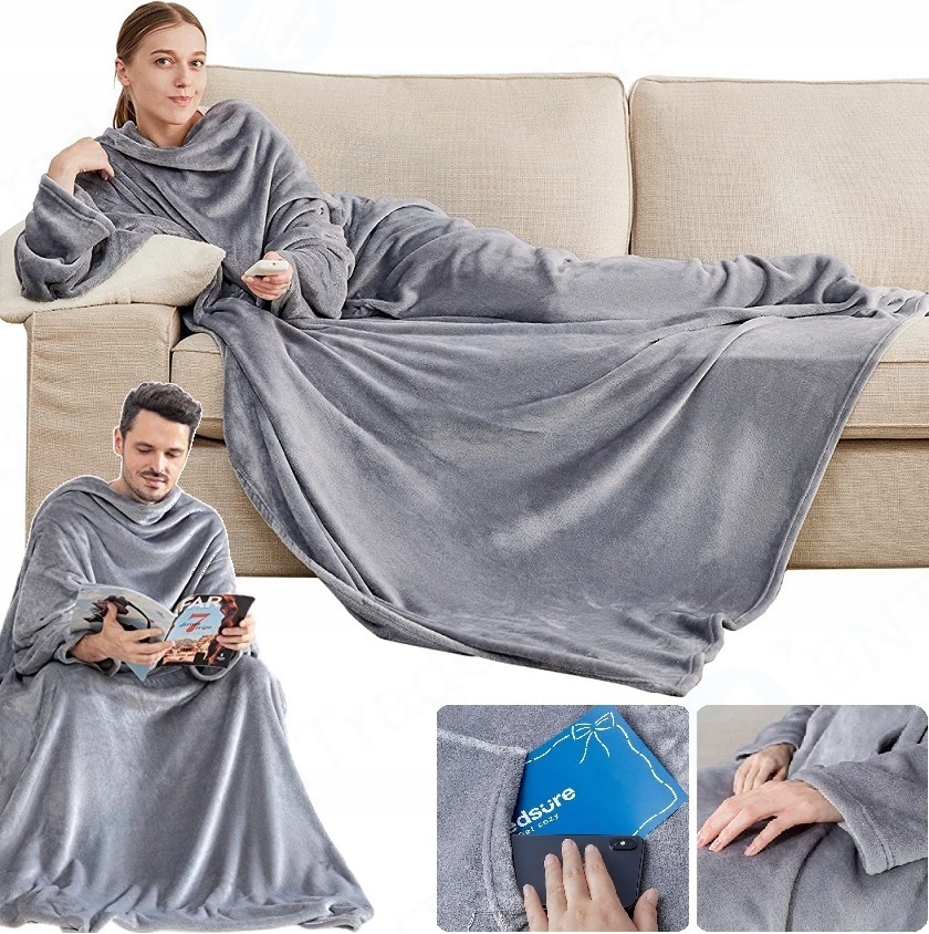 Koc Bluza Z Rękawami Kieszeniami Ciepły Szlafrok 120x180 cm Szary Oversize