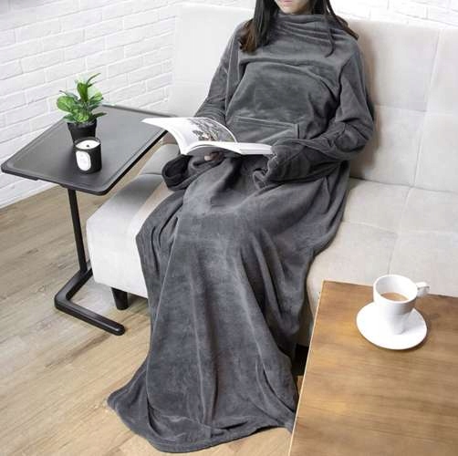 Koc Bluza Z Rękawami Kieszeniami Ciepły Szlafrok 120x180 cm Szary Oversize