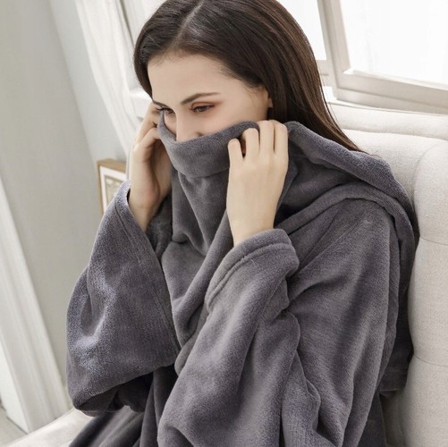 Koc Bluza Z Rękawami Kieszeniami Ciepły Szlafrok 120x180 cm Szary Oversize