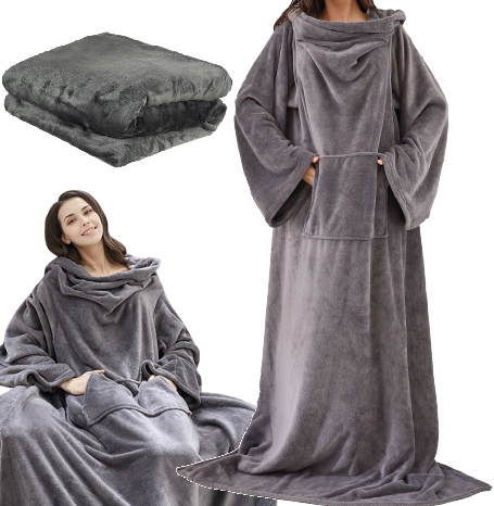 Koc Bluza Z Rękawami Kieszeniami Ciepły Szlafrok 120x180 cm Szary Oversize