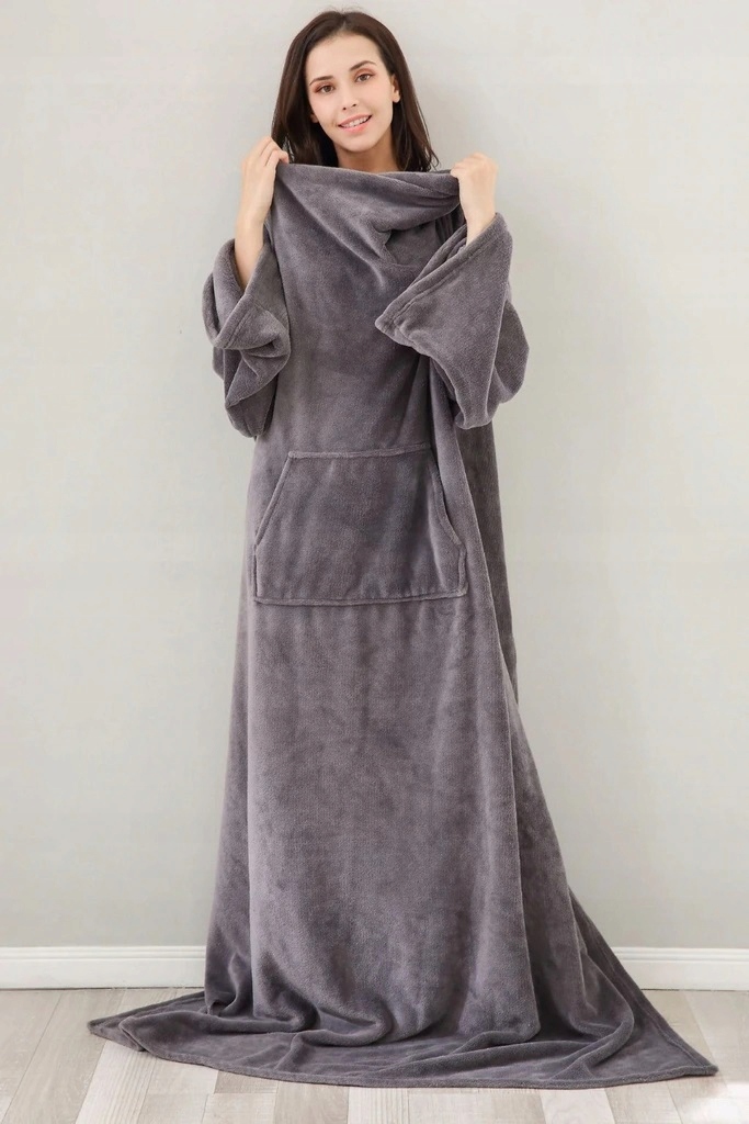Koc Bluza Z Rękawami Kieszeniami Ciepły Szlafrok 120x180 cm Szary Oversize