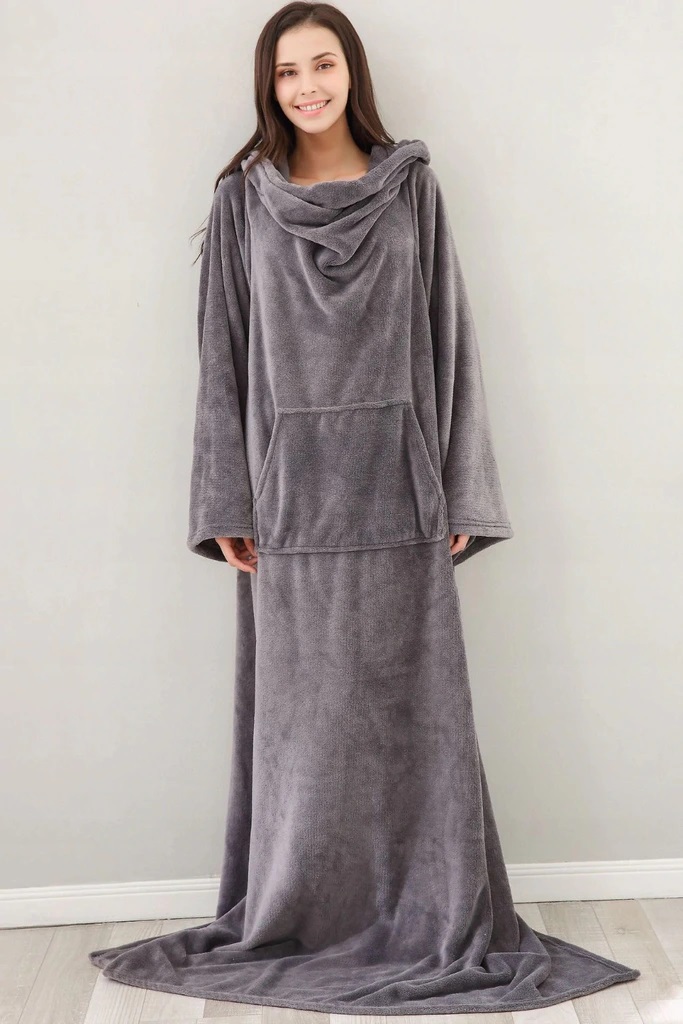 Koc Bluza Z Rękawami Kieszeniami Ciepły Szlafrok 120x180 cm Szary Oversize