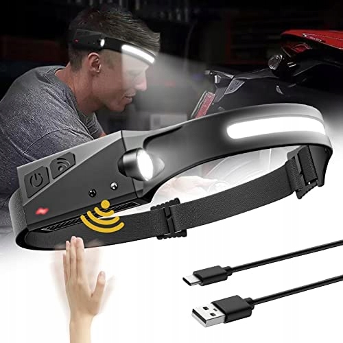 Latarka Czołowa Opaska 40 X Cob Led Z Czujnikiem Ruchu Ipx4 Akumulator Usb