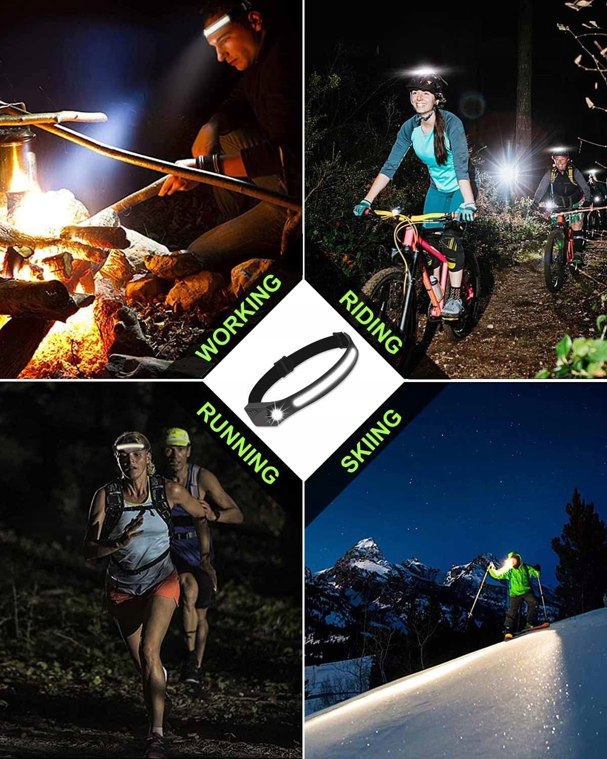 Latarka Czołowa Opaska 40 X Cob Led Z Czujnikiem Ruchu Ipx4 Akumulator Usb