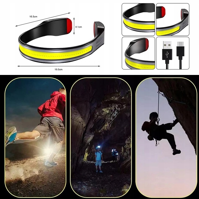 Latarka Czołówka Lampka Led Cob Do Biegania Na Rower Mocna Akumulator Usb