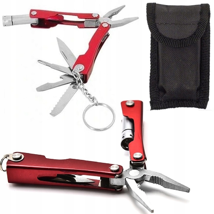 Mini Multitool Turystyczny Survival Brelok Latarka Nóż Otwieracz + Etui