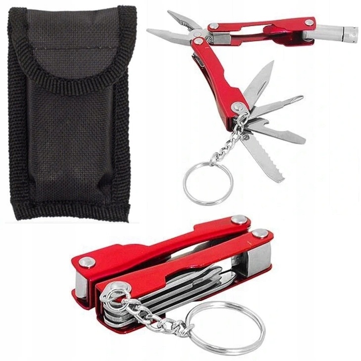 Mini Multitool Turystyczny Survival Brelok Latarka Nóż Otwieracz + Etui