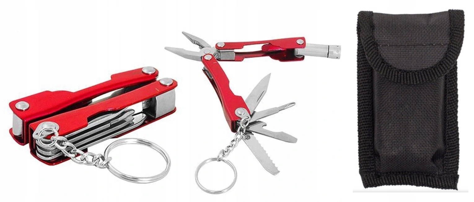 Mini Multitool Turystyczny Survival Brelok Latarka Nóż Otwieracz + Etui
