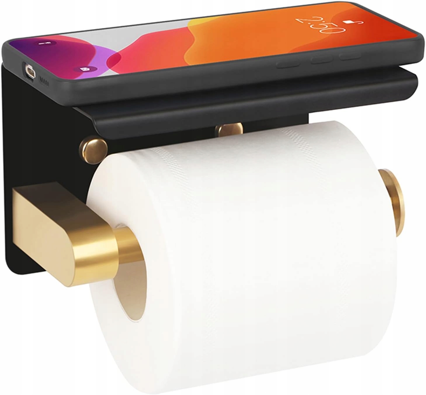 Uchwyt Na Papier Toaletowy Wieszak Metalowy Z Półką Wc Czarno Złoty Loft
