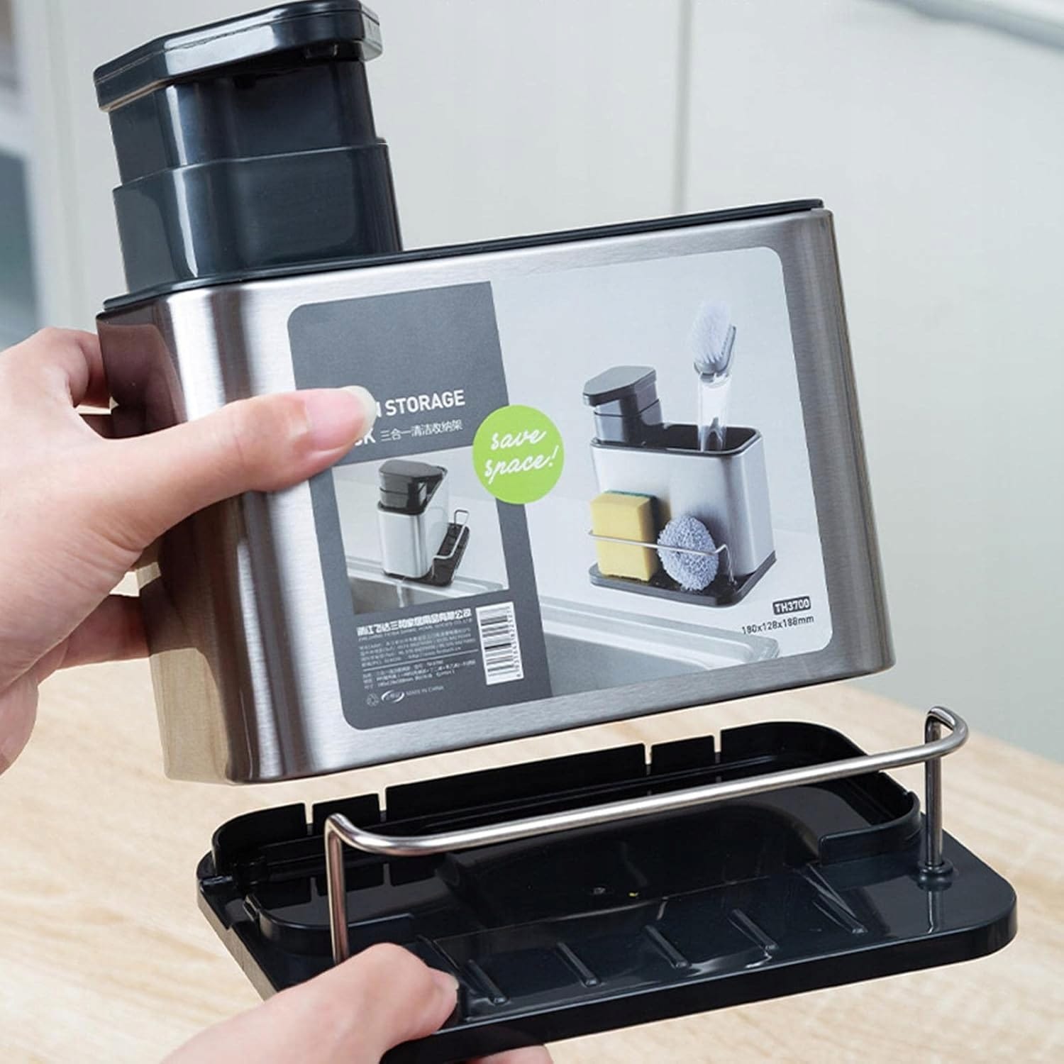 image-5320.jpeg Dozownik Kuchenny Płynu Do Naczyń Pojemnik Na Gąbkę Zmywak Ociekacz Na Zlew