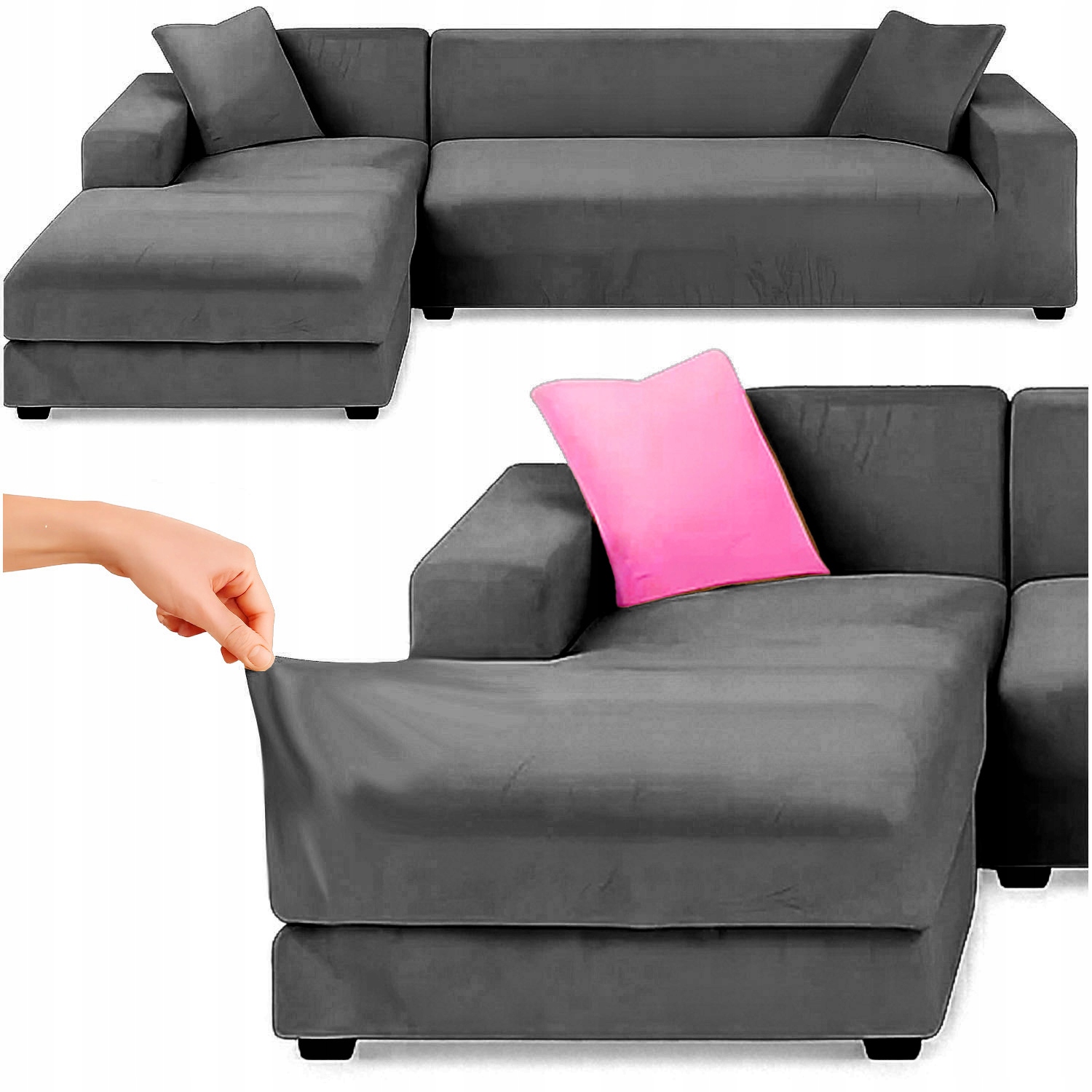 Pokrowiec Na Narożnik Kanapę Leżankę Ciemno Szary Welur Elastyczny 145-185