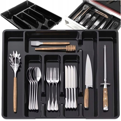 Wkład Do Szuflady Na Sztućce Organizer Plastikowy Czarny Rozsuwany 35-44cm