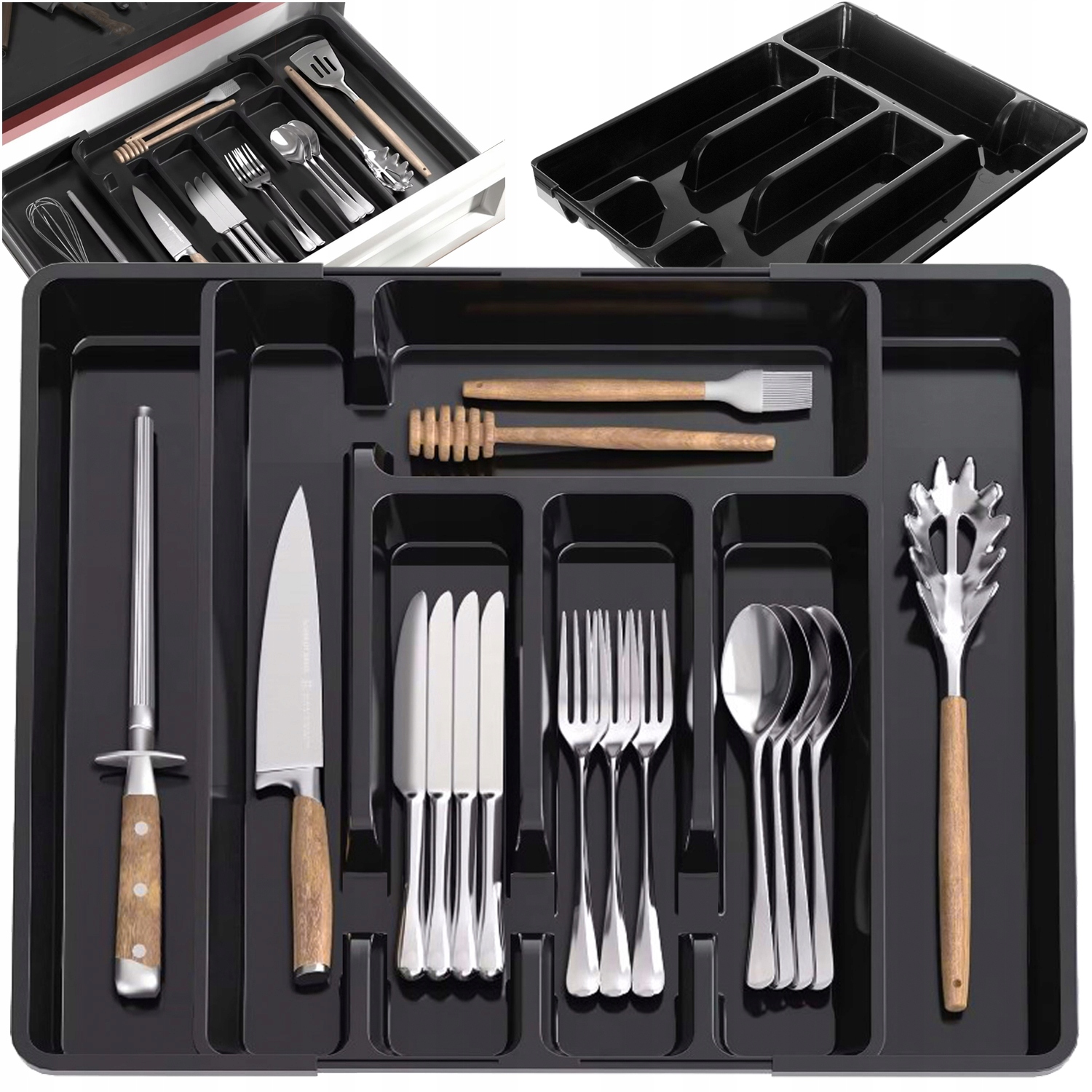 Wkład Do Szuflady Na Sztućce Organizer Plastikowy Czarny Rozsuwany 35-44cm