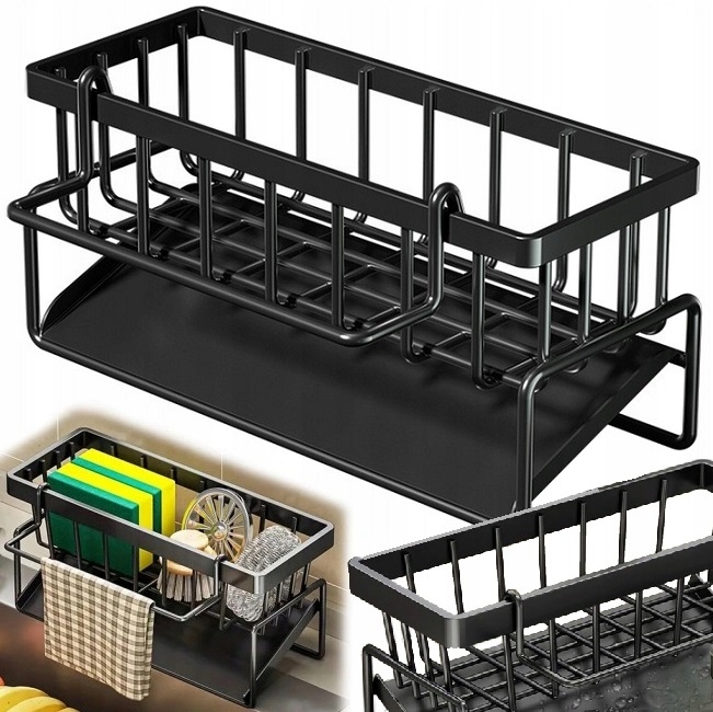 Metalowy Organizer Kuchenny Na Zlew Koszyk Półka Stojąca Ociekacz Czarny