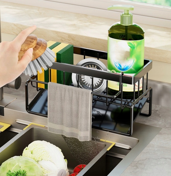 Metalowy Organizer Kuchenny Na Zlew Koszyk Półka Stojąca Ociekacz Czarny