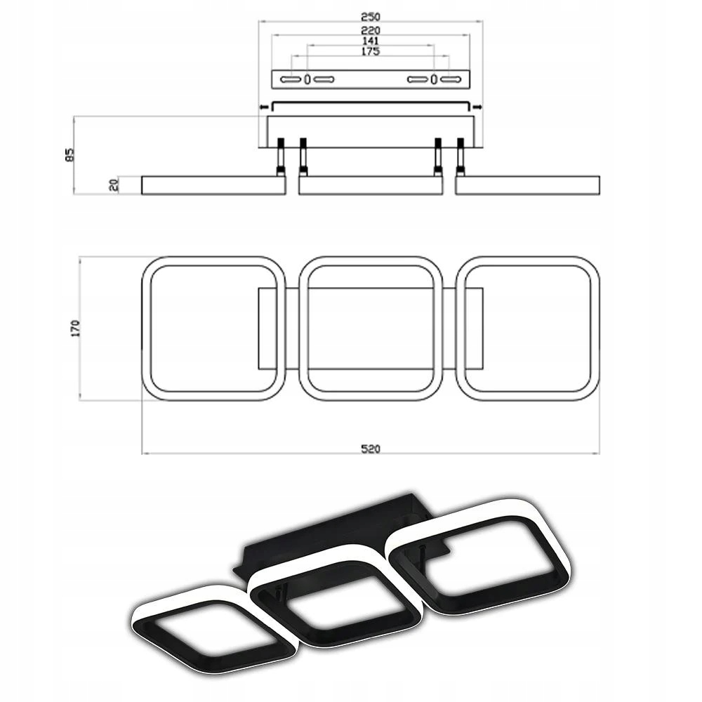 Nowoczesna Lampa Sufitowa Wisząca Led Kwadrat Plafon Żyrandol Modern Czarna