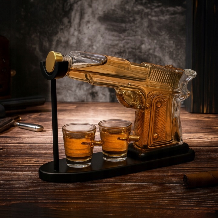 Zestaw Karafka Do Whisky Wódki Na Alkohol Pistolet + 2 Kieliszki Prezent