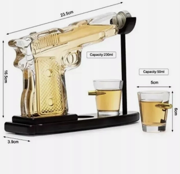 Zestaw Karafka Do Whisky Wódki Na Alkohol Pistolet + 2 Kieliszki Prezent