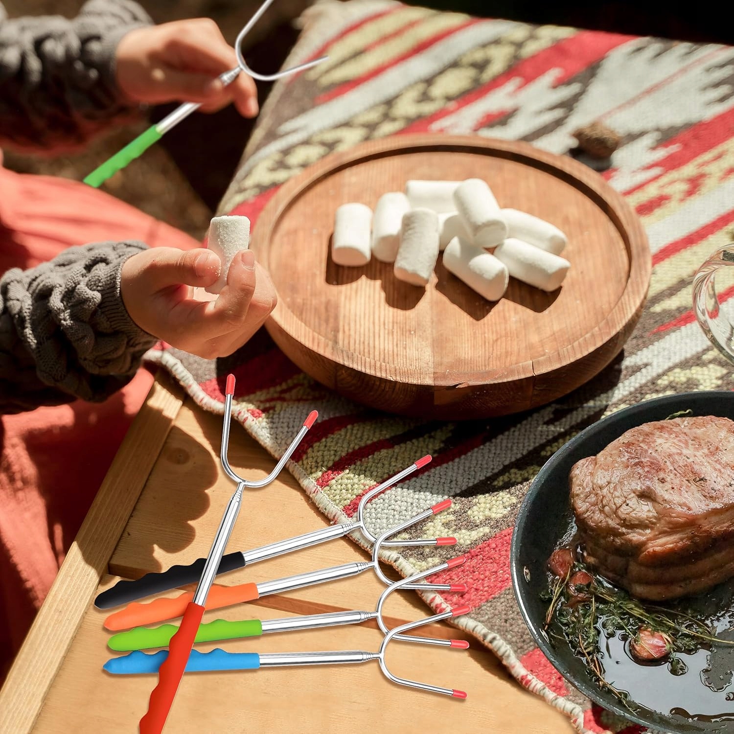 Zestaw Kije Do Ogniska Ogniskowe Grill Kijek Teleskopowy 4 Sztuki Widełki