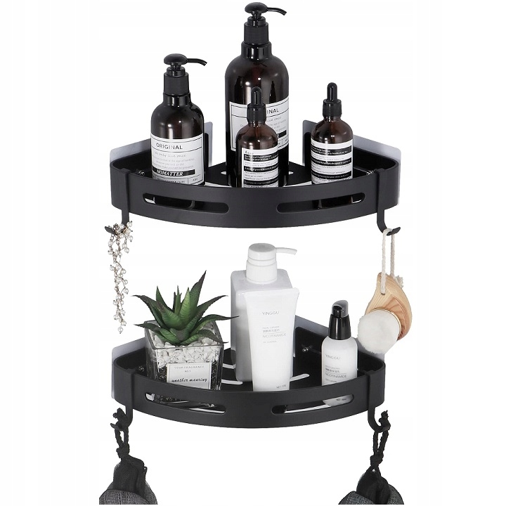 2x Półka Łazienkowa Narożna Pod Prysznic Wisząca Loft Z Haczykami 2 Półki