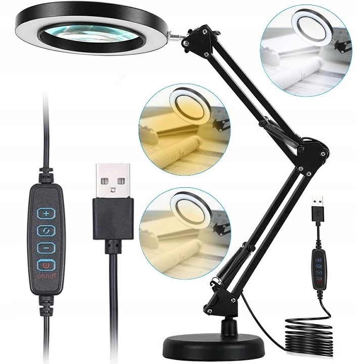 Lampka Biurkowa Led Lampa Kosmetyczna Czarna Lupa Powiększająca Szkło 3x