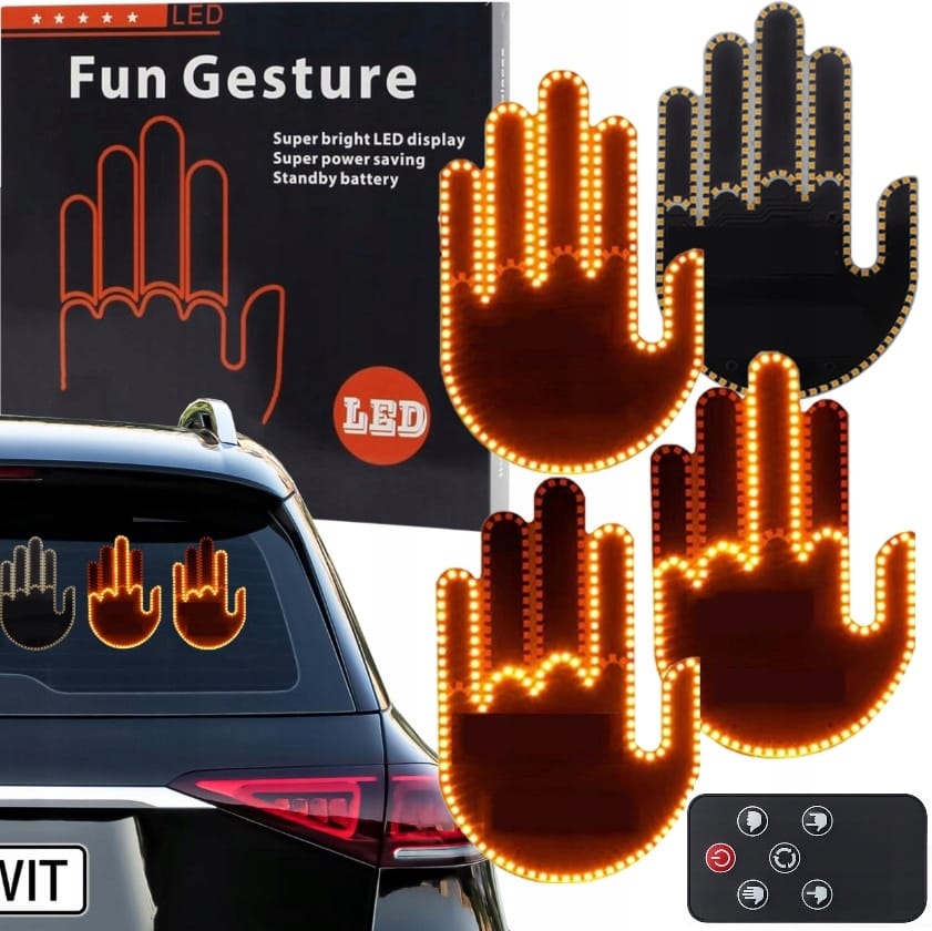 Sygnalizator Gestów Ręka Led Na Tylną Szybę Auta Środkowy Palec Kciuk Pilot