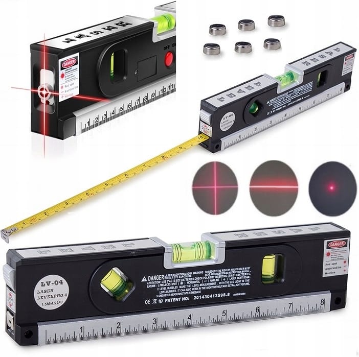 Poziomica Laserowa Z Metrówką 250 cm Czerwony Laser 3 Libele Miarka Baterie