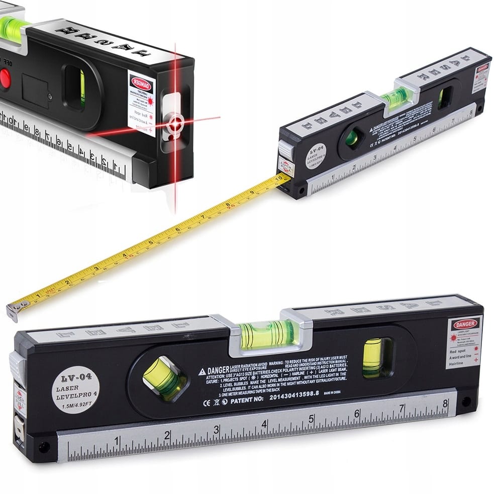 Poziomica Laserowa Z Metrówką 250 cm Czerwony Laser 3 Libele Miarka Baterie