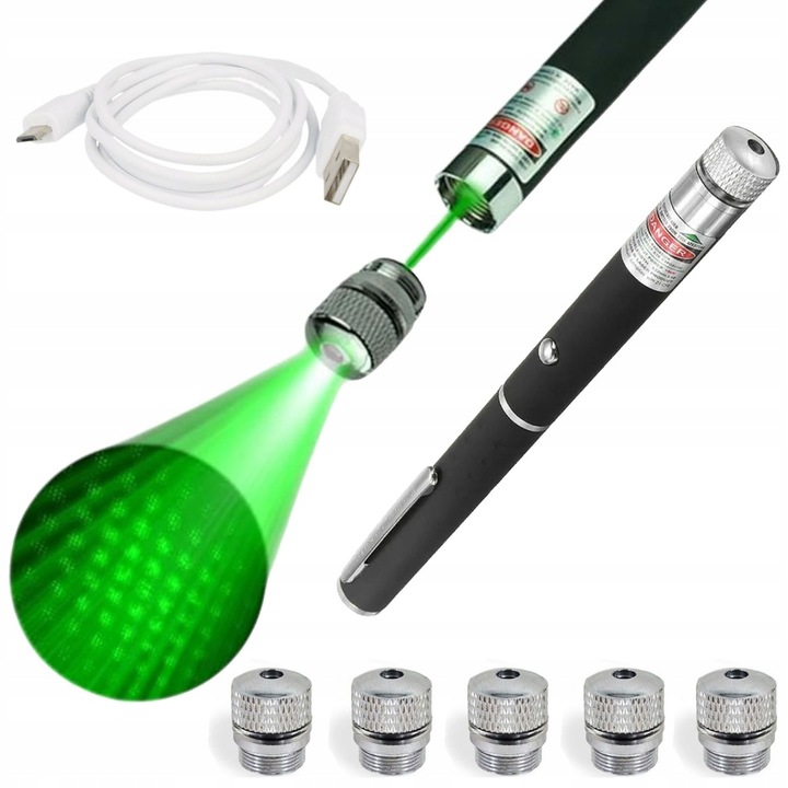 Mocny Laser Długopis Wskaźnik Laserowy + 5 Końcówek Zabawka Dla Kota Usb
