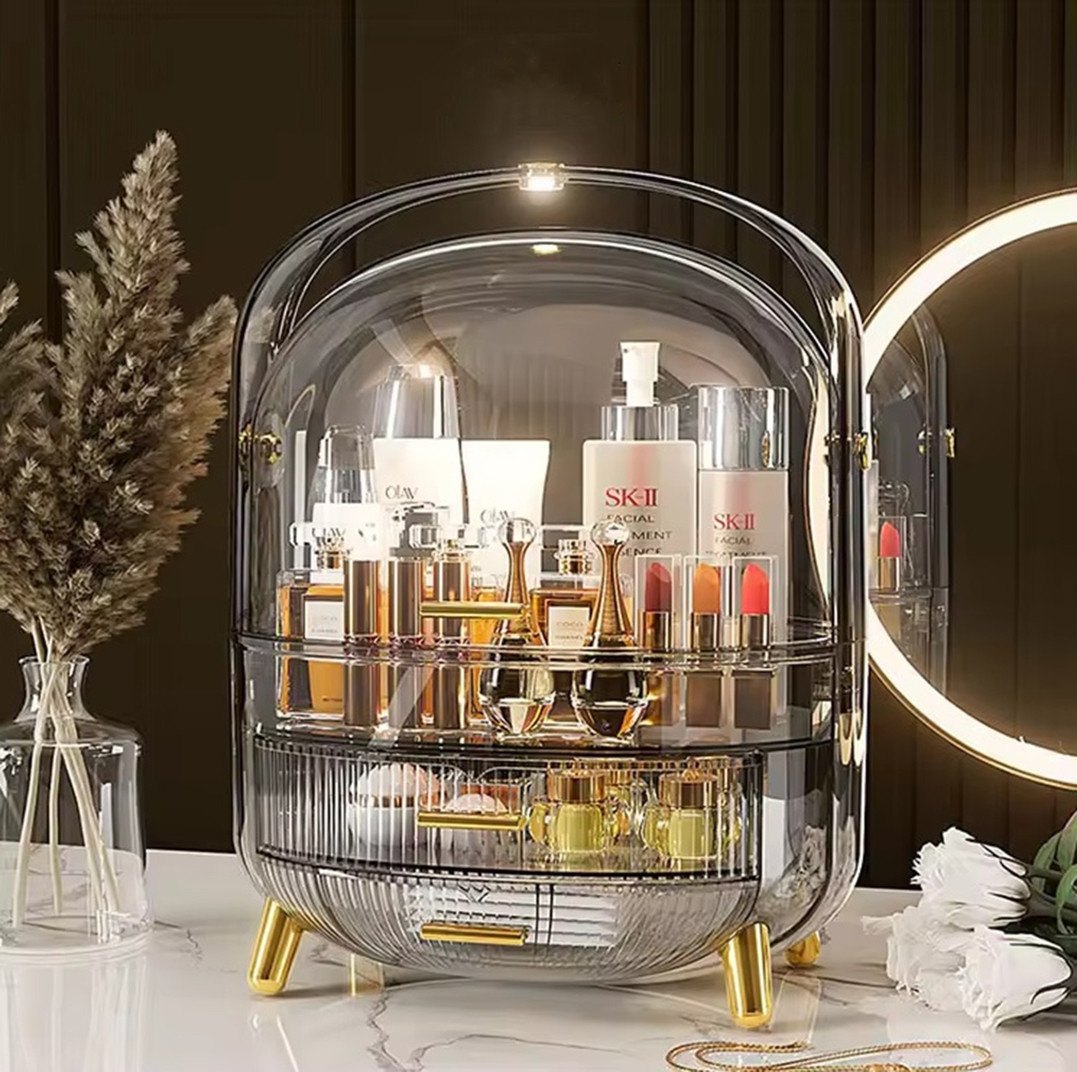 Szkatułka Organizer Kuferek Na Kosmetyki Biżuterię Podświeltenie Lampka LED