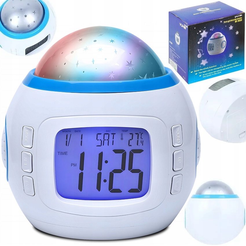 Budzik Projektor Gwiazd Nieba Zegar Lampka Nocna Led 7w1 Termometr Melodie