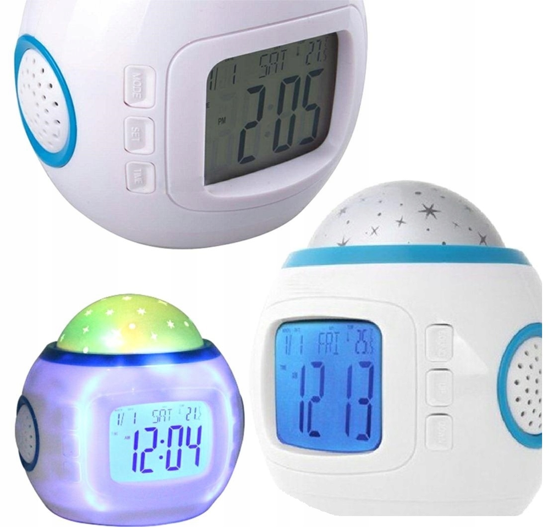 Budzik Projektor Gwiazd Nieba Zegar Lampka Nocna Led 7w1 Termometr Melodie
