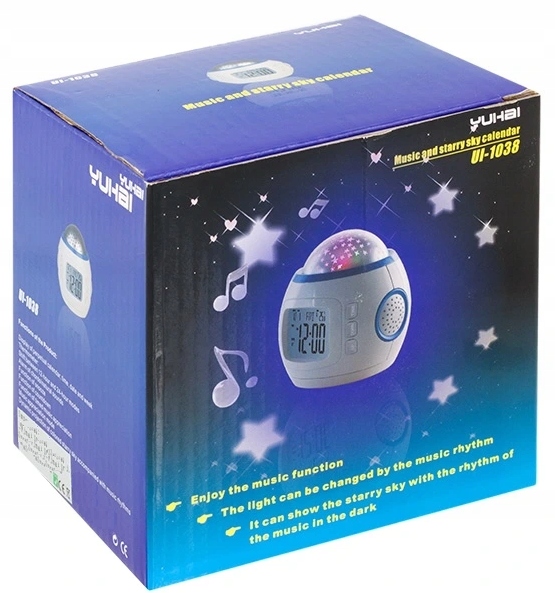 Budzik Projektor Gwiazd Nieba Zegar Lampka Nocna Led 7w1 Termometr Melodie