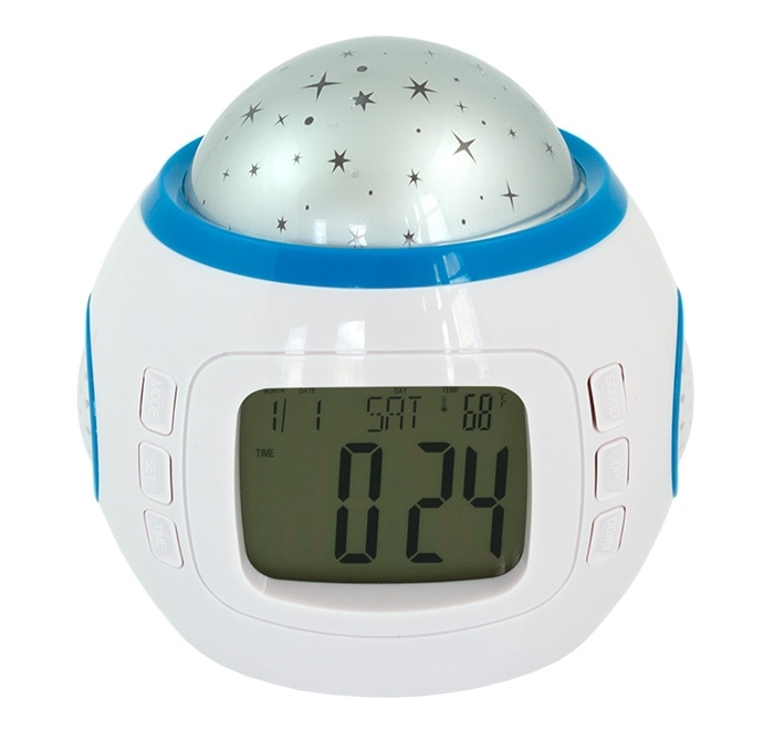 Budzik Projektor Gwiazd Nieba Zegar Lampka Nocna Led 7w1 Termometr Melodie