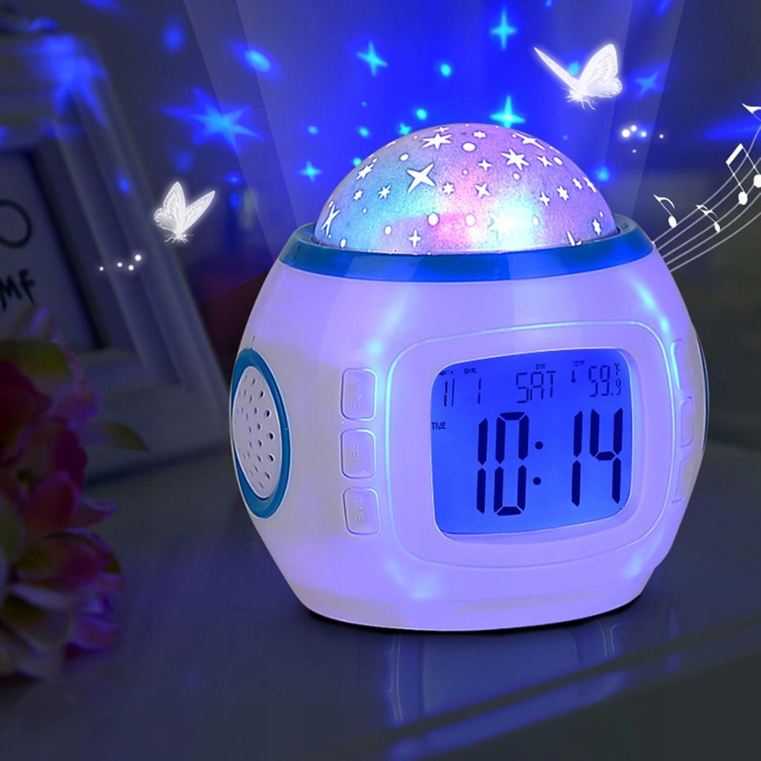 Budzik Projektor Gwiazd Nieba Zegar Lampka Nocna Led 7w1 Termometr Melodie