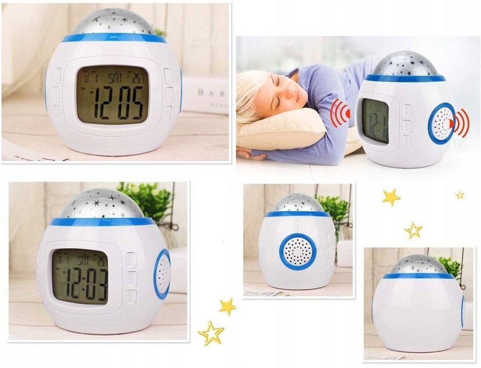 Budzik Projektor Gwiazd Nieba Zegar Lampka Nocna Led 7w1 Termometr Melodie