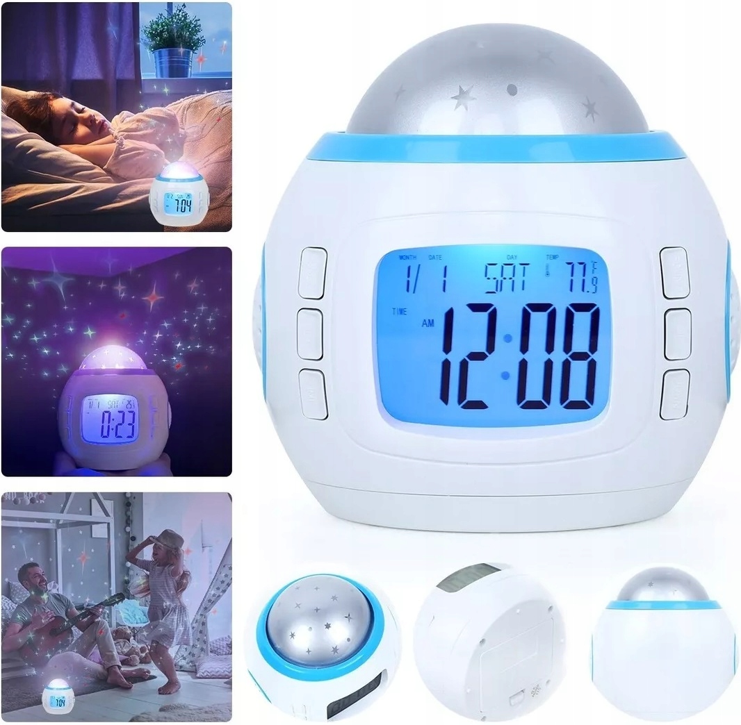Budzik Projektor Gwiazd Nieba Zegar Lampka Nocna Led 7w1 Termometr Melodie