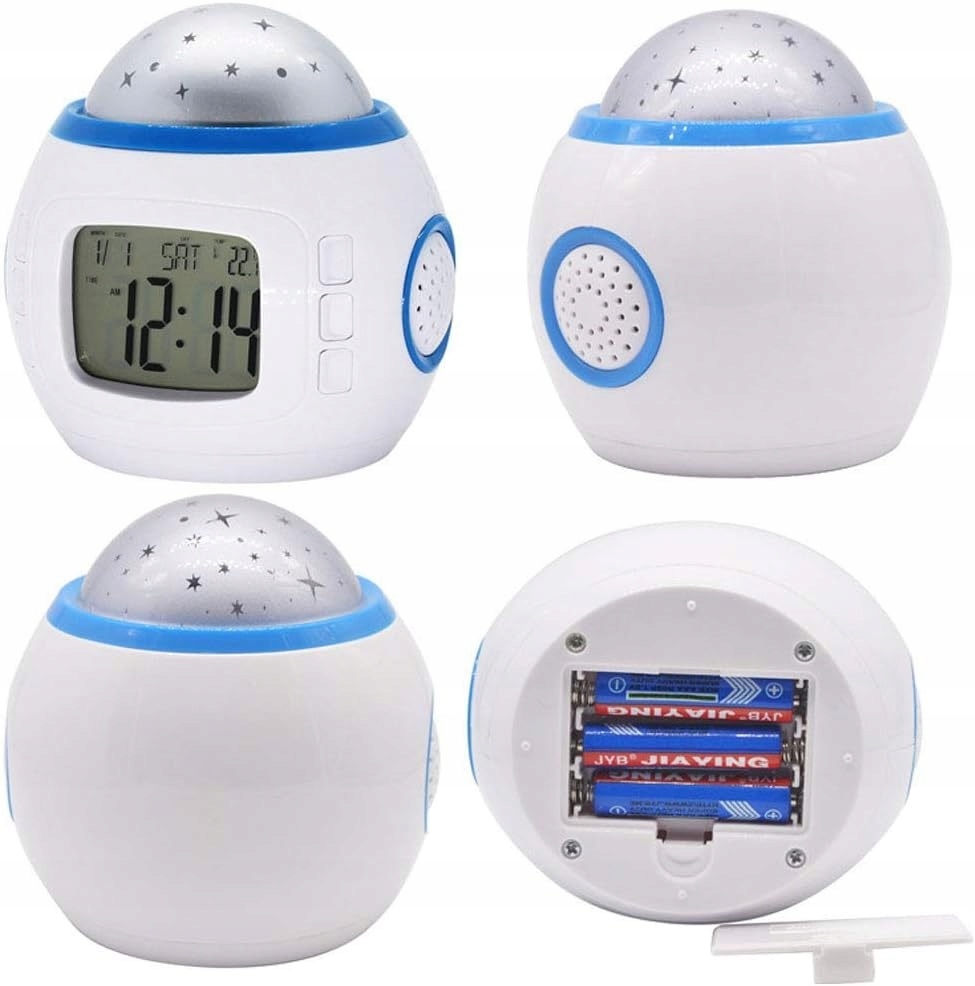 Budzik Projektor Gwiazd Nieba Zegar Lampka Nocna Led 7w1 Termometr Melodie