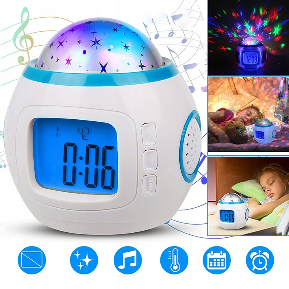 Budzik Projektor Gwiazd Nieba Zegar Lampka Nocna Led 7w1 Termometr Melodie