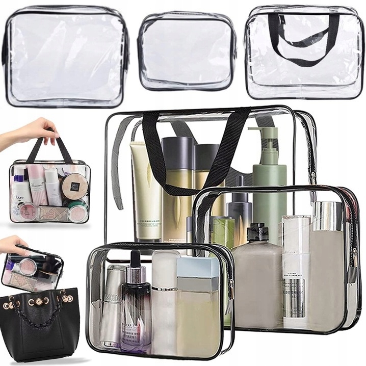 3x Kosmetyczka Podróżna Damska Męska Organizer Pojemna Zestaw Przeźroczysta