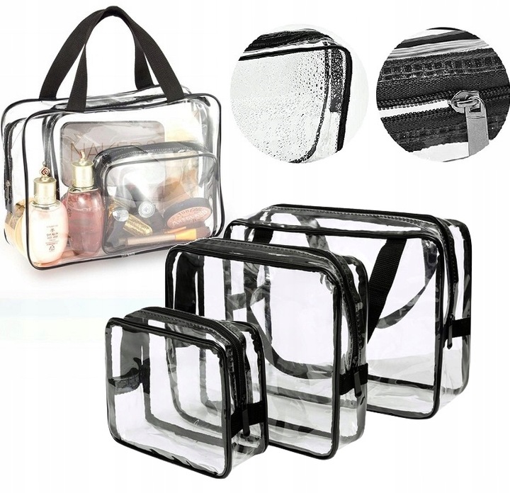 3x Kosmetyczka Podróżna Damska Męska Organizer Pojemna Zestaw Przeźroczysta