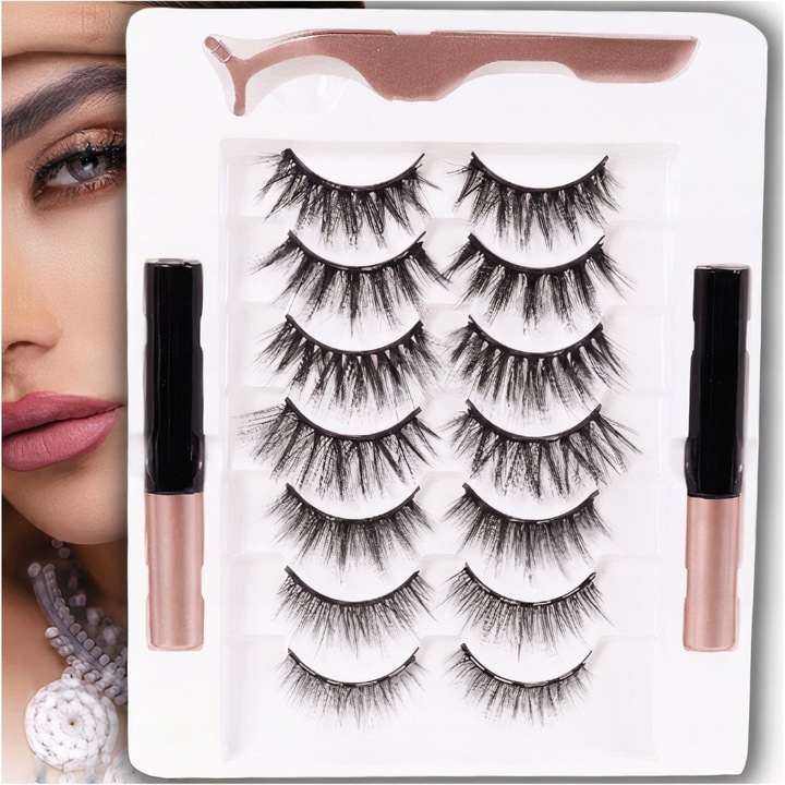Oryginalne Rzęsy Magnetyczne 7x Długie + Pęseta + 2x Eyeliner + Box Zestaw