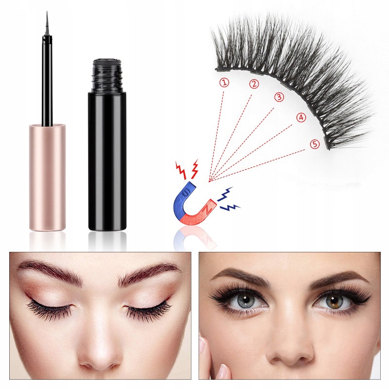 Oryginalne Rzęsy Magnetyczne 7x Długie + Pęseta + 2x Eyeliner + Box Zestaw