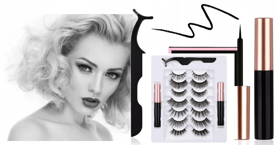 Oryginalne Rzęsy Magnetyczne 7x Długie + Pęseta + 2x Eyeliner + Box Zestaw