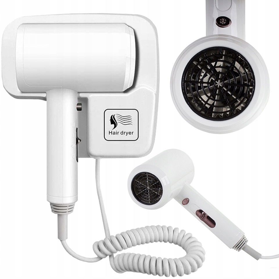 Suszarka Do Włosów Basenowa Hotelowa Naścienna Biała 1200W Uchwyt Prędkość
