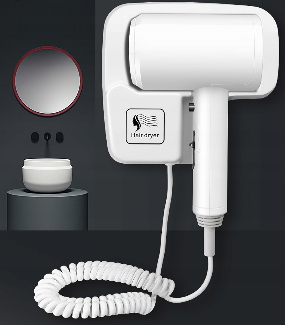Suszarka Do Włosów Basenowa Hotelowa Naścienna Biała 1200W Uchwyt Prędkość