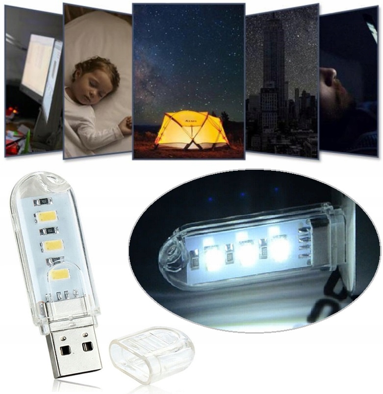2x Mini Lampka Nocna Do Gniazda USB 5v 3 X Dioda LED SMD Powerbank