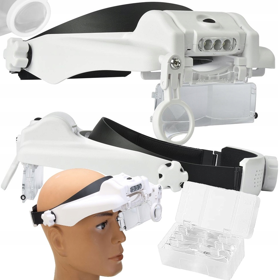 Okulary Powiększające Lupa Nagłowna Czołowa Regulowana Soczewki Led Zestaw